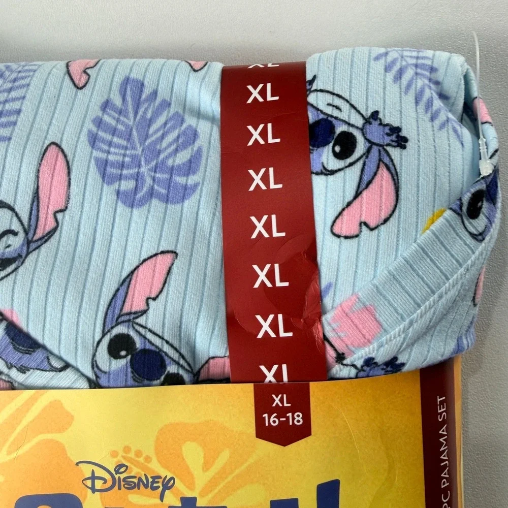 Disney Stitch 2PC Pajama Set Womens XL 16-18 Blue Ribbed Short Sleeve Henley PJs - Picture 4 of 7